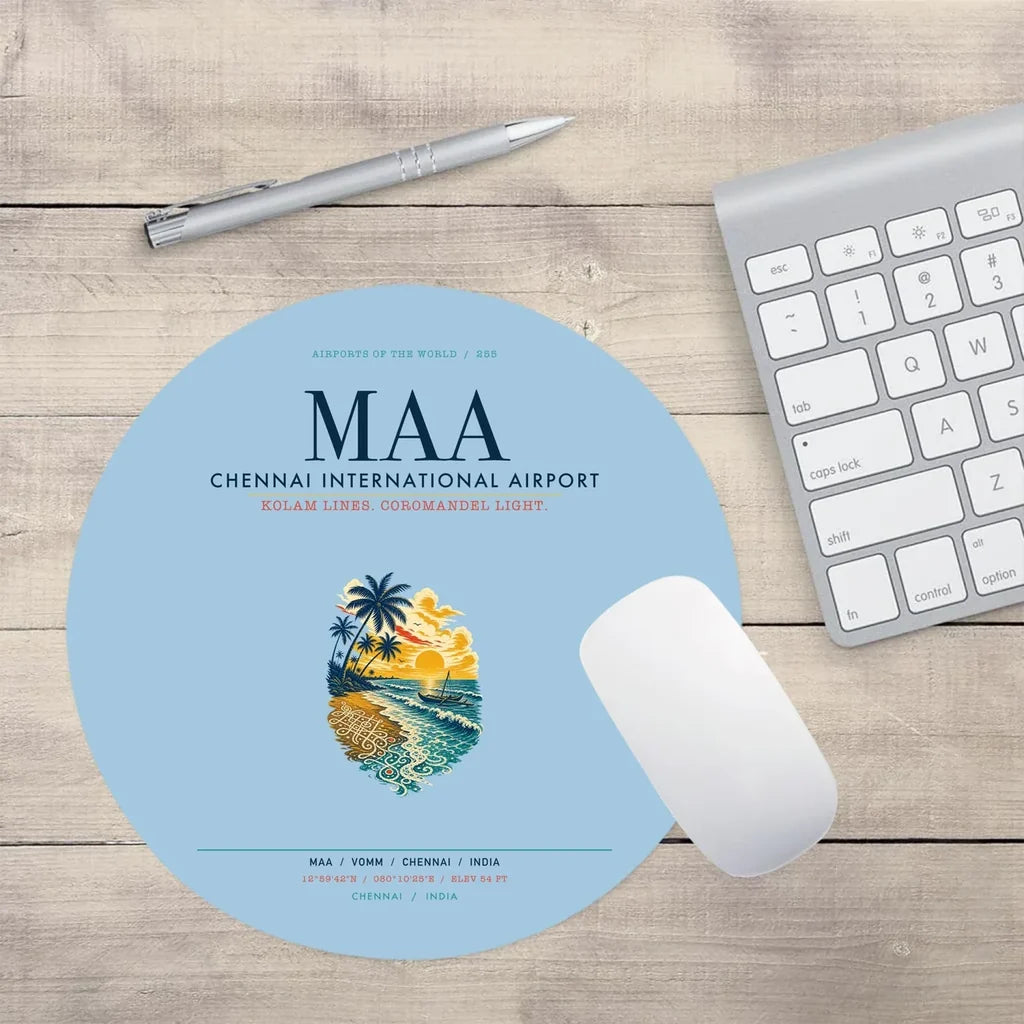 Chennai International Airport (MAA) design on light blue round mouse pad