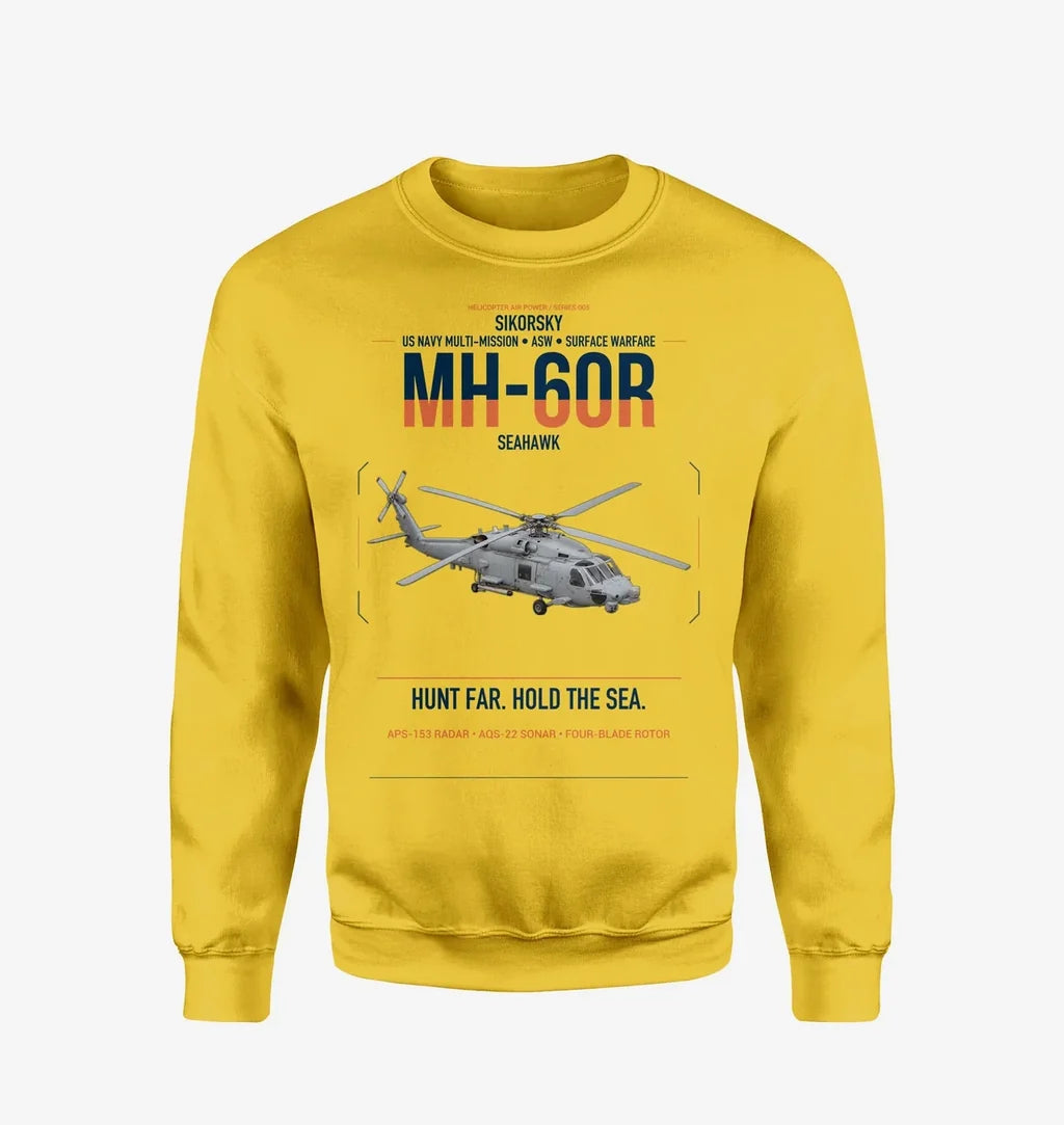 Sikorsky MH-60R Seahawk design on yellow sweatshirt