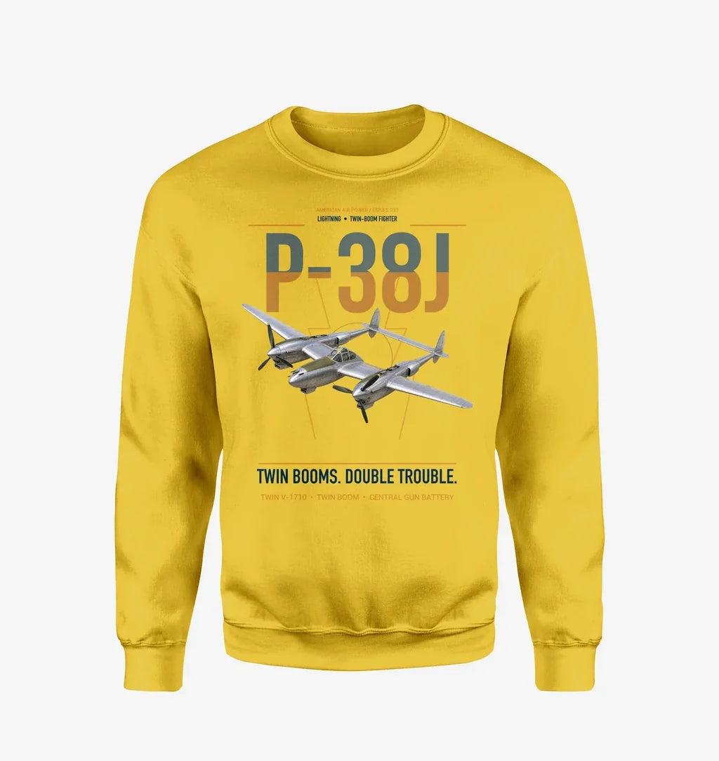 P-38J Lightning design on yellow sweatshirt