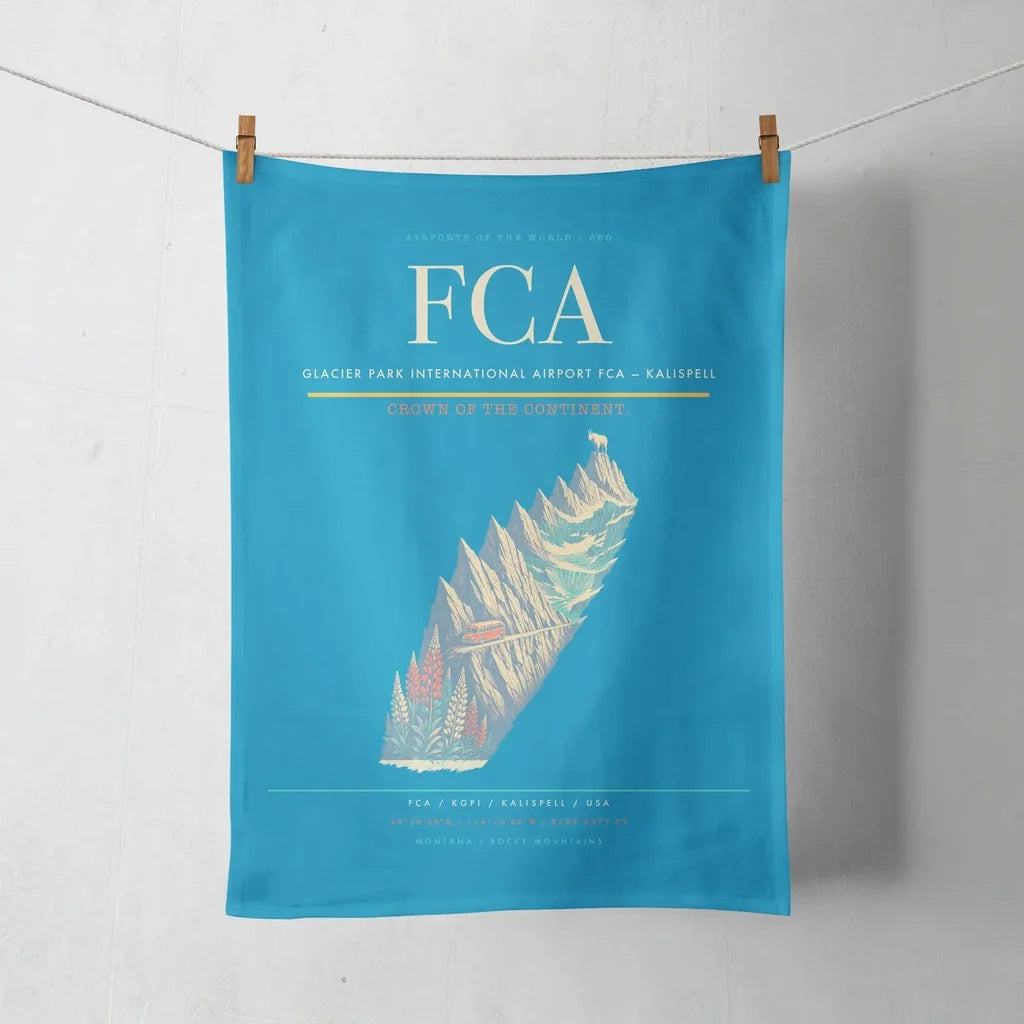Glacier Park International Airport (FCA) design on turquoise towel