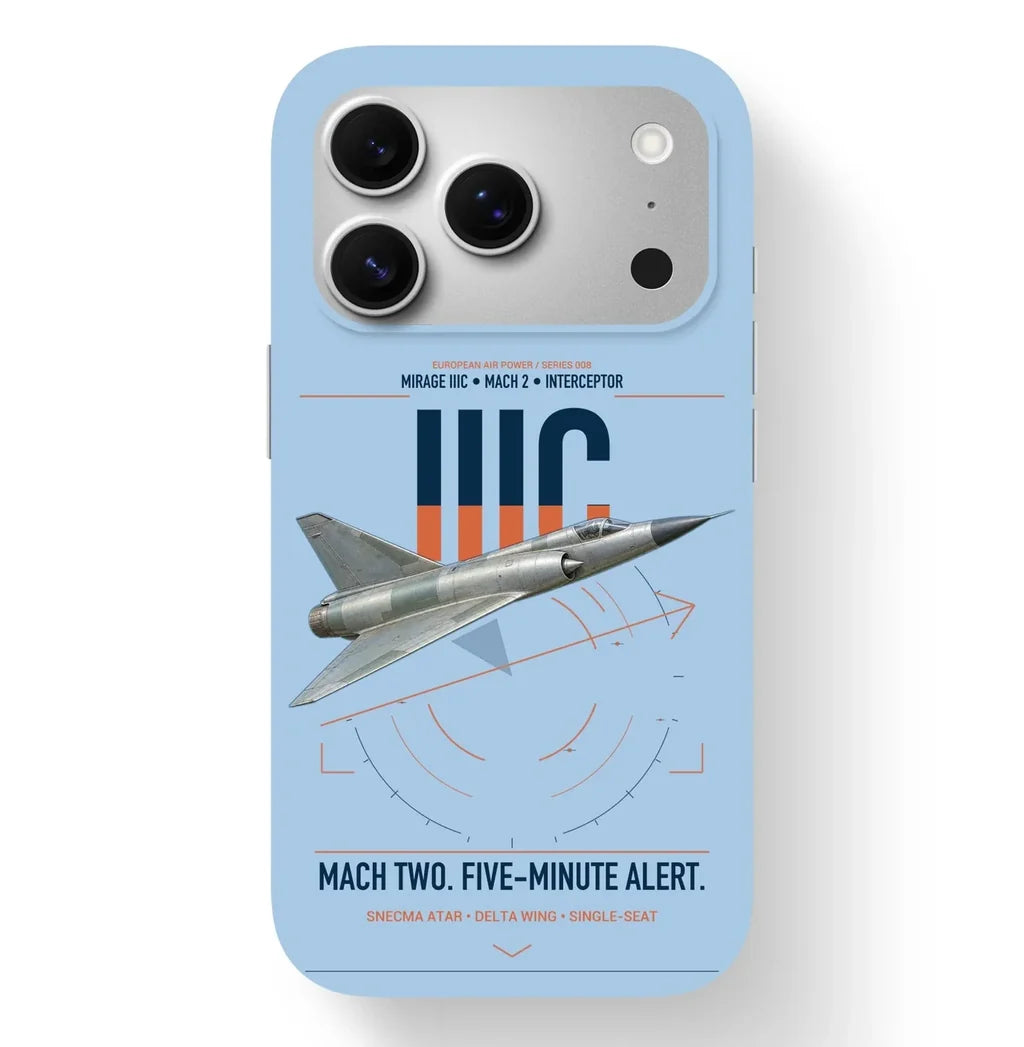 Dassault Mirage IIIC design on light blue magsafe iphone case, for iPhone 17 Pro