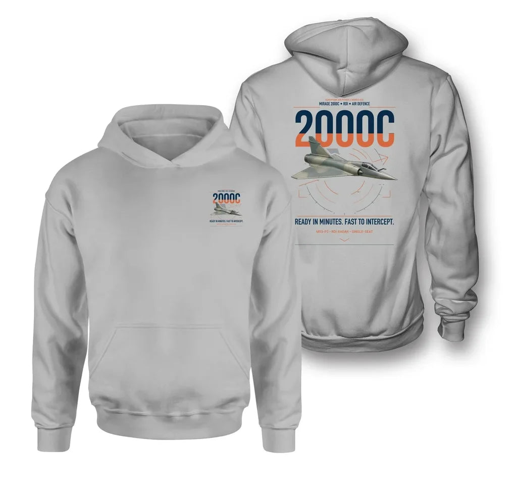 Dassault Mirage 2000C RDI design on light gray double-side hoodie, double-side print