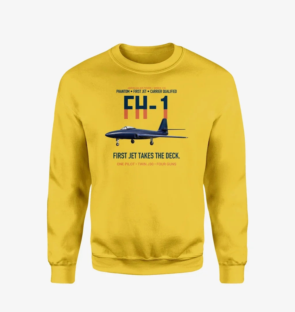 FH-1 Phantom First Jet Takes the Deck design on yellow sweatshirt