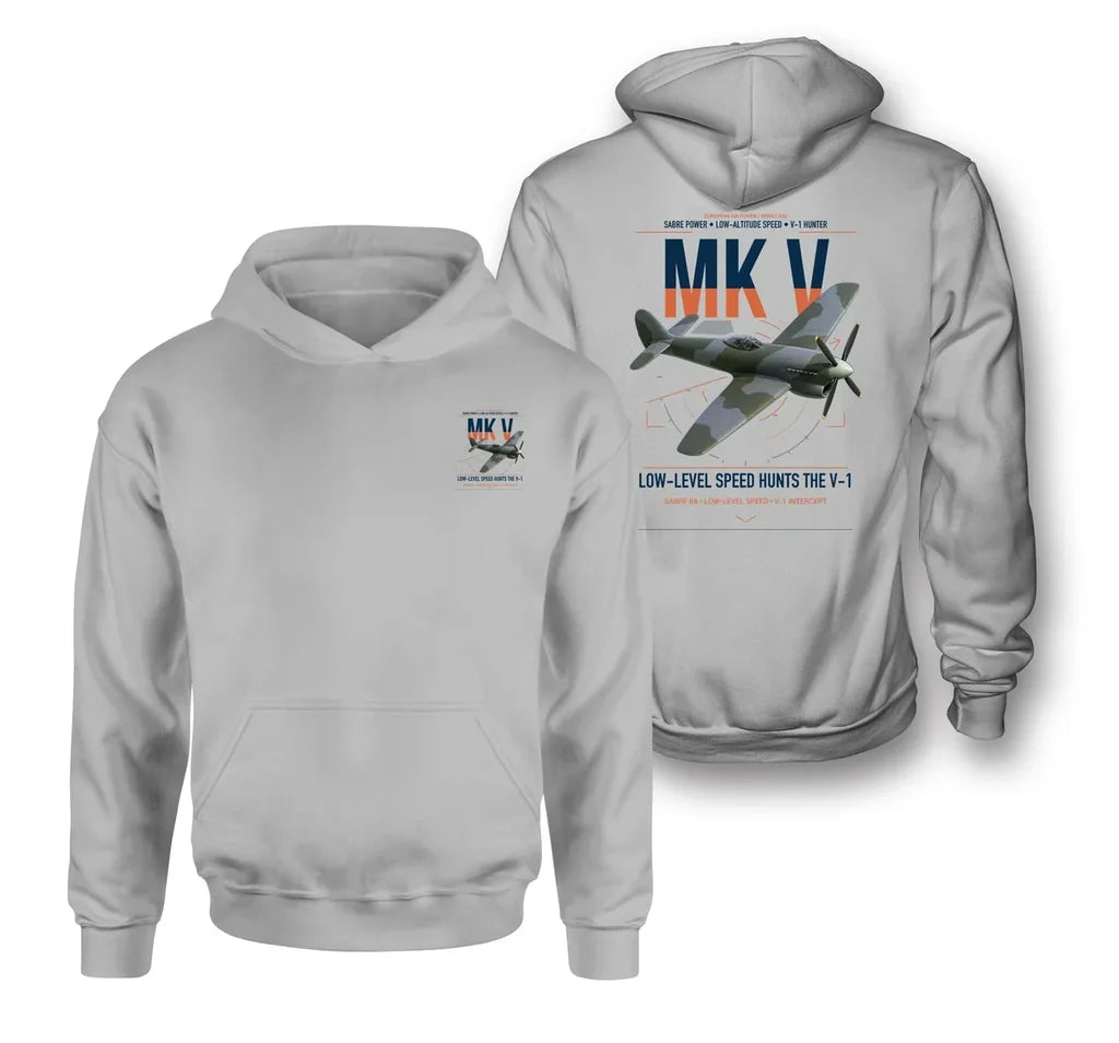 Hawker Tempest Mk V design on light gray double-side hoodie, double-side print