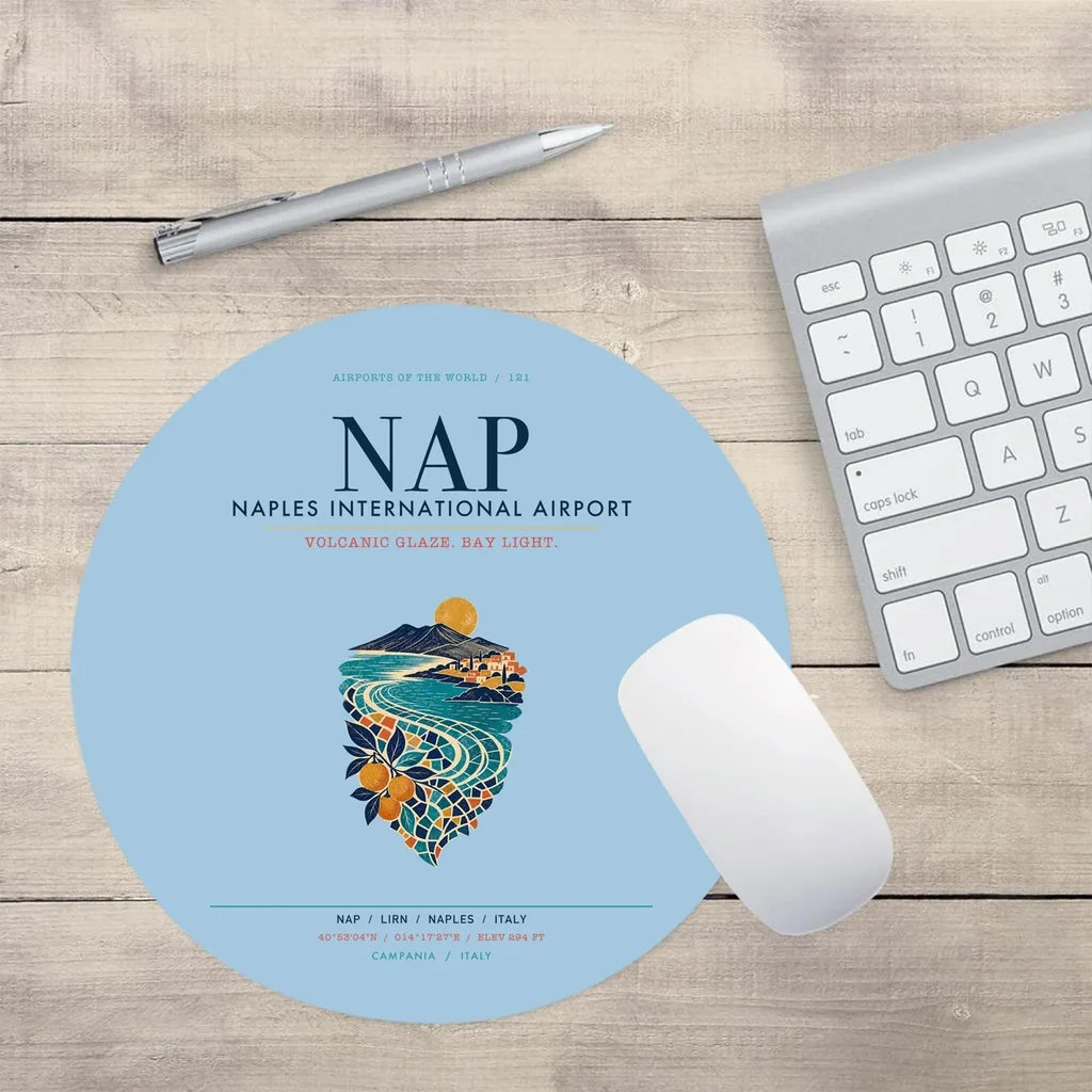 Naples International Airport (NAP) design on light blue round mouse pad