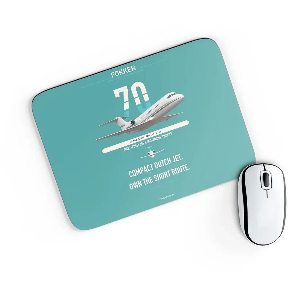 Fokker 70 design on turquoise rectangle mouse pad