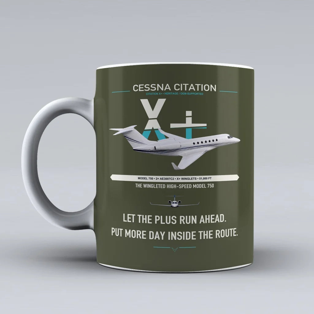 Cessna Citation X+ design on green army ceramic mug, double-side print