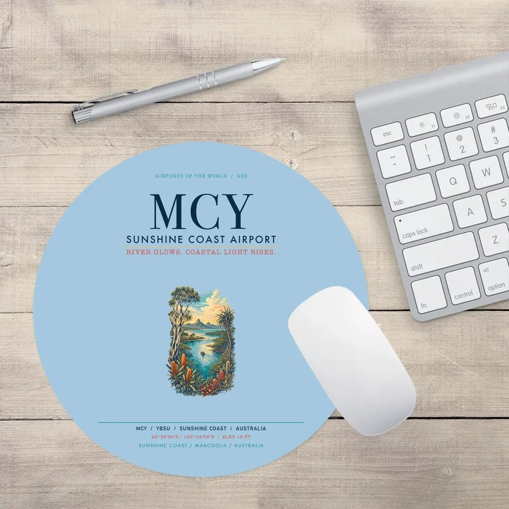 Sunshine Coast Airport (MCY) design on light blue round mouse pad