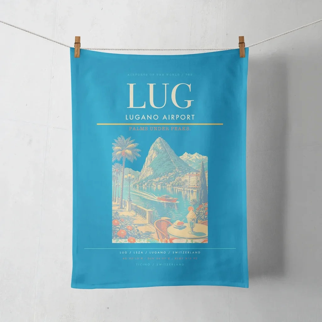 Lugano Airport (LUG) design on turquoise towel