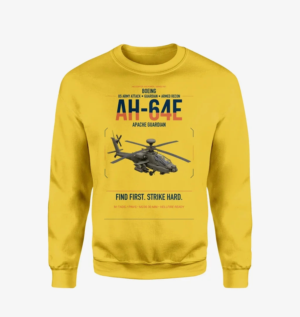 Boeing AH-64E Apache Guardian design on yellow sweatshirt