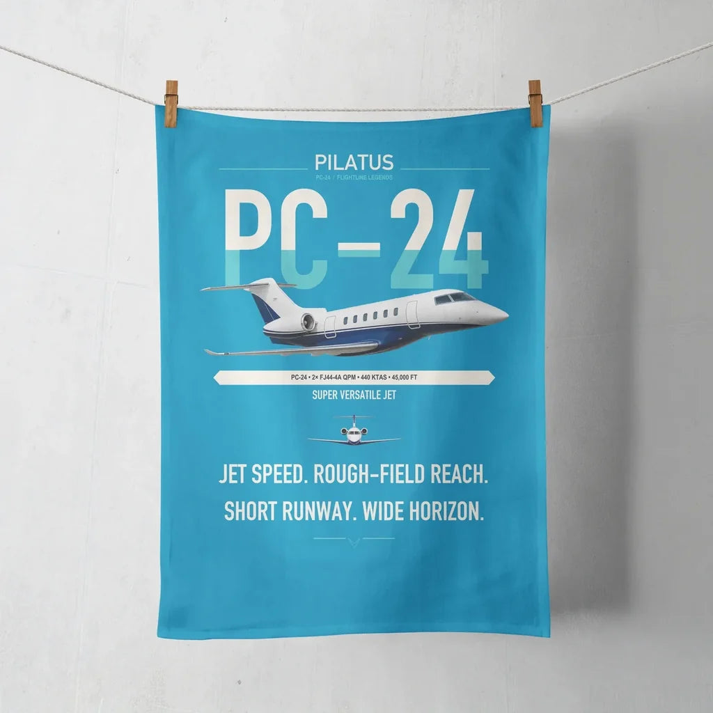 Pilatus PC-24 design on turquoise towel