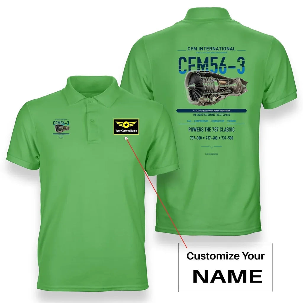 CFM56-3 design on light green polo with custom name badge