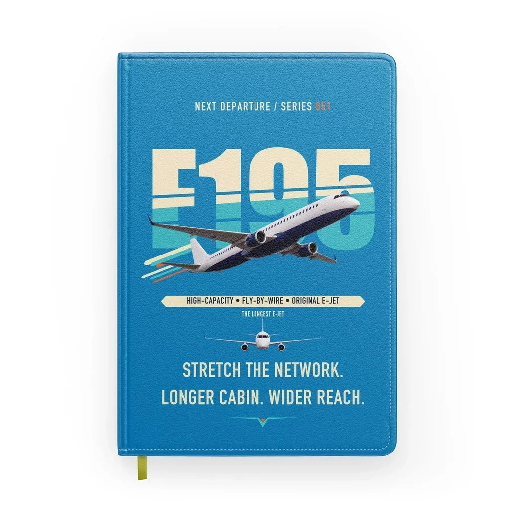 Embraer E195 design on turquoise notebook