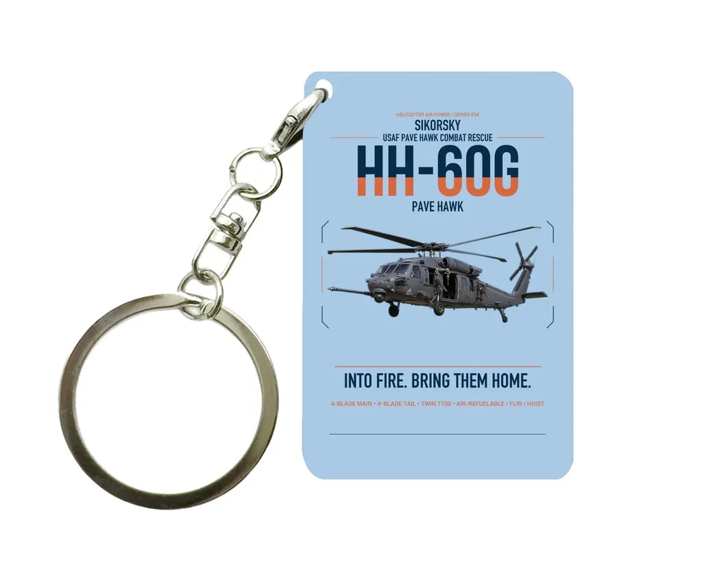 Sikorsky HH-60G Pave Hawk design on light blue designed key chain, double-side print