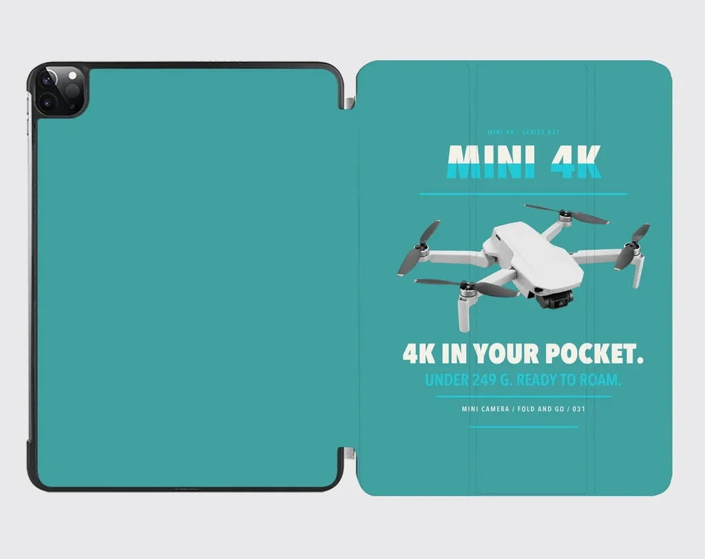 DJI Mini 4K design on turquoise ipad tablet case