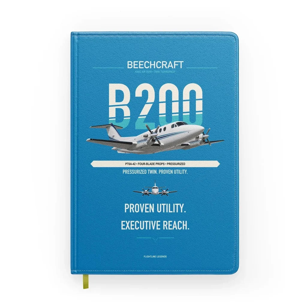 Beechcraft King Air B200 design on turquoise notebook