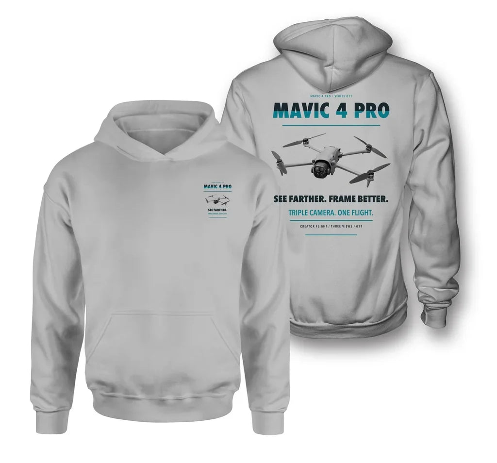 DJI Mavic 4 Pro design on light gray hoodie