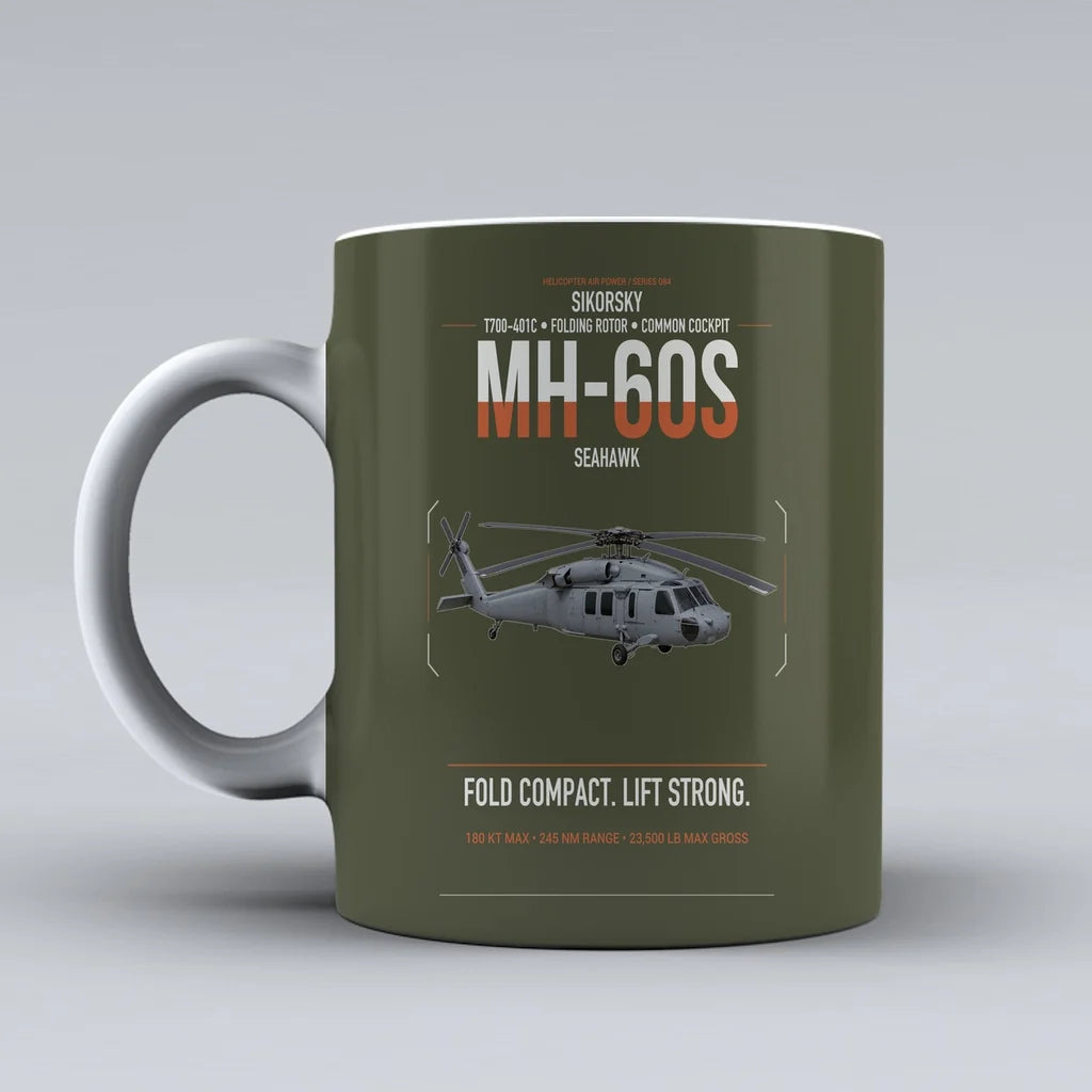 Sikorsky MH-60S Seahawk design on green army ceramic mug, double-side print