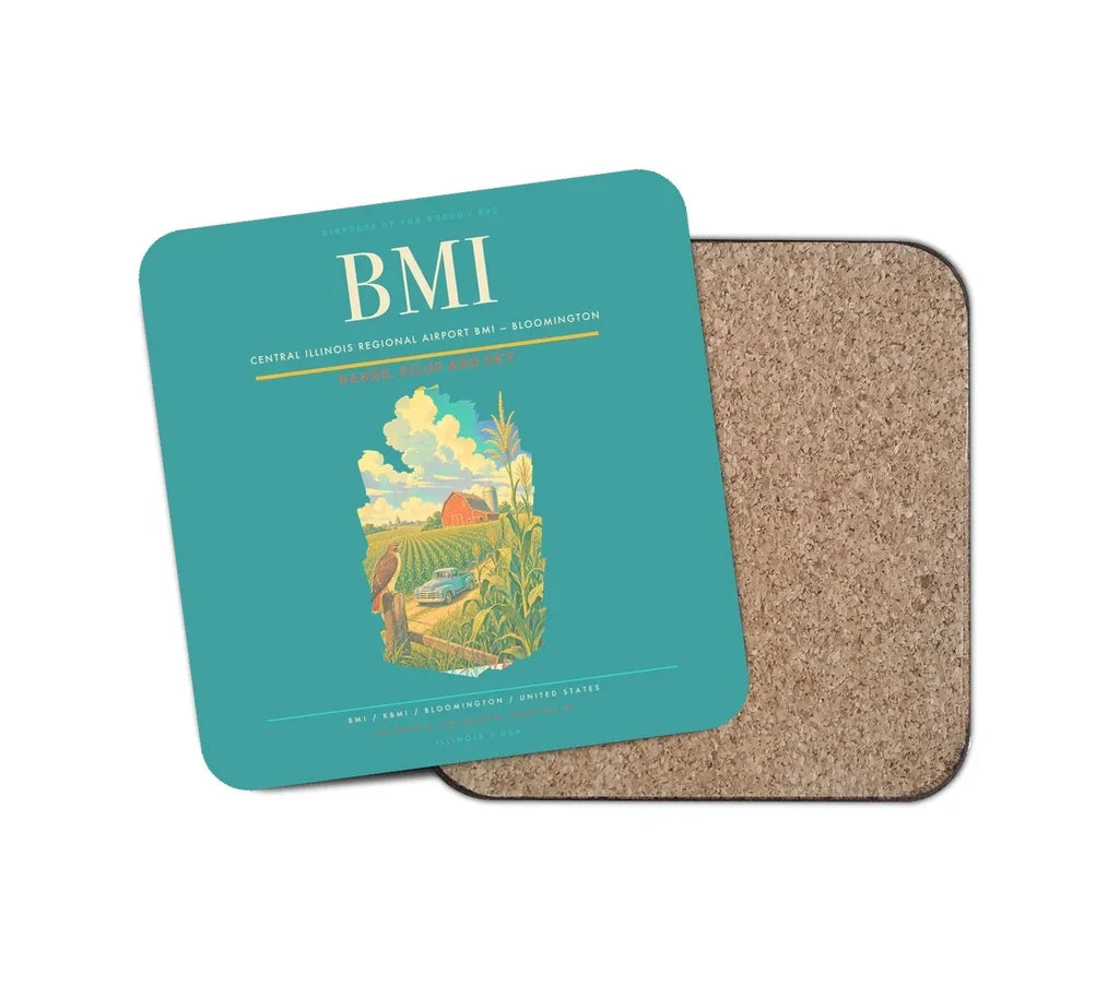Central Illinois Regional Airport (BMI) design on turquoise 1 piece coaster