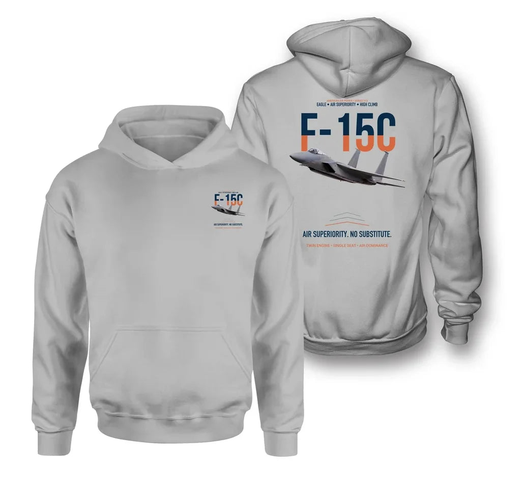 F-15C EAGLE design on light gray hoodie