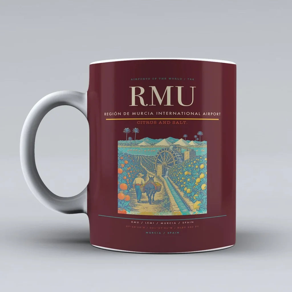 Región de Murcia International Airport (RMU) airport code design on dark red ceramic mug