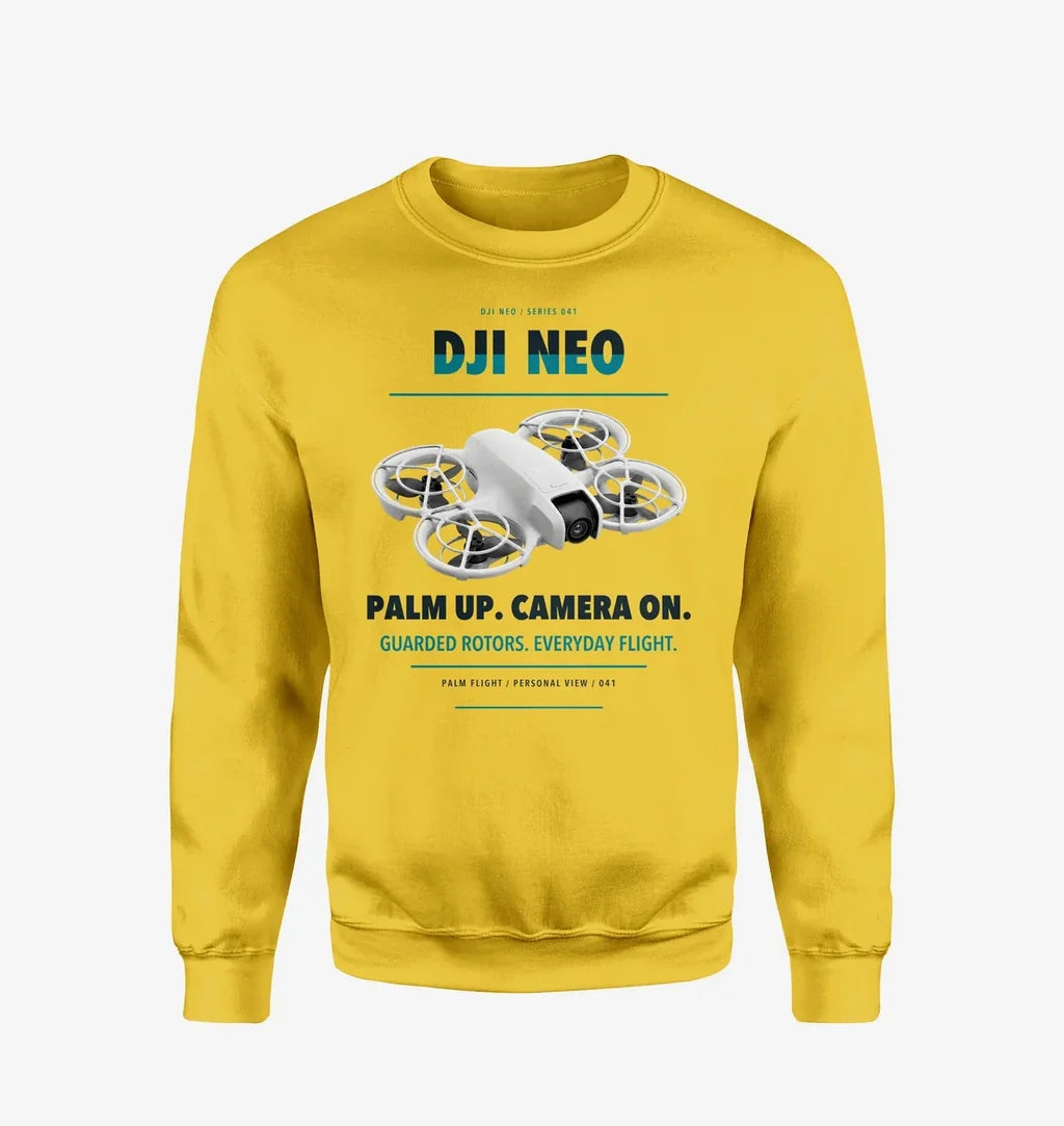 DJI Neo design on yellow sweatshirt
