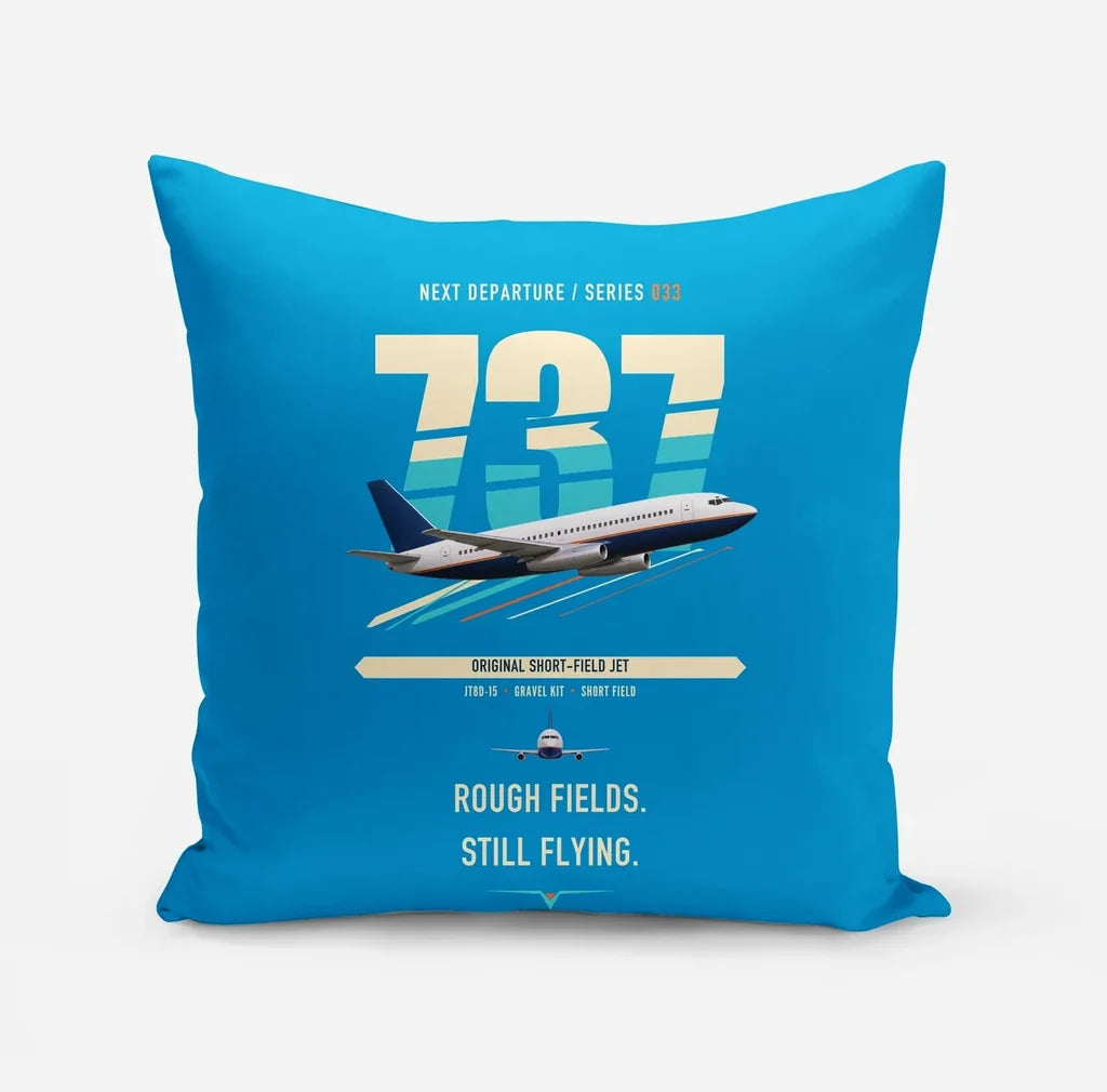 Boeing 737-200 design on turquoise pillow