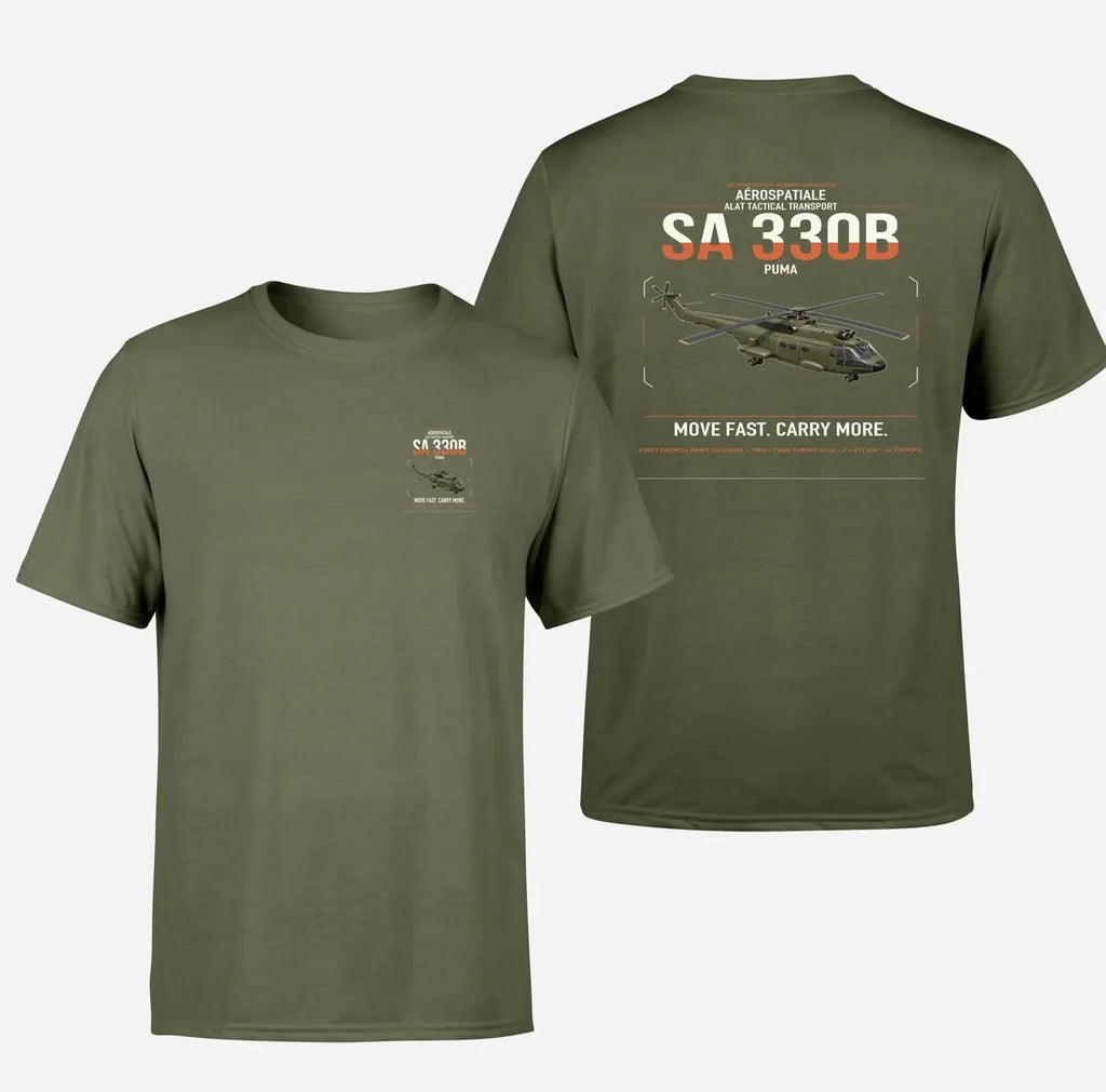Aérospatiale SA 330B Puma design on green army t-shirt, double-side print
