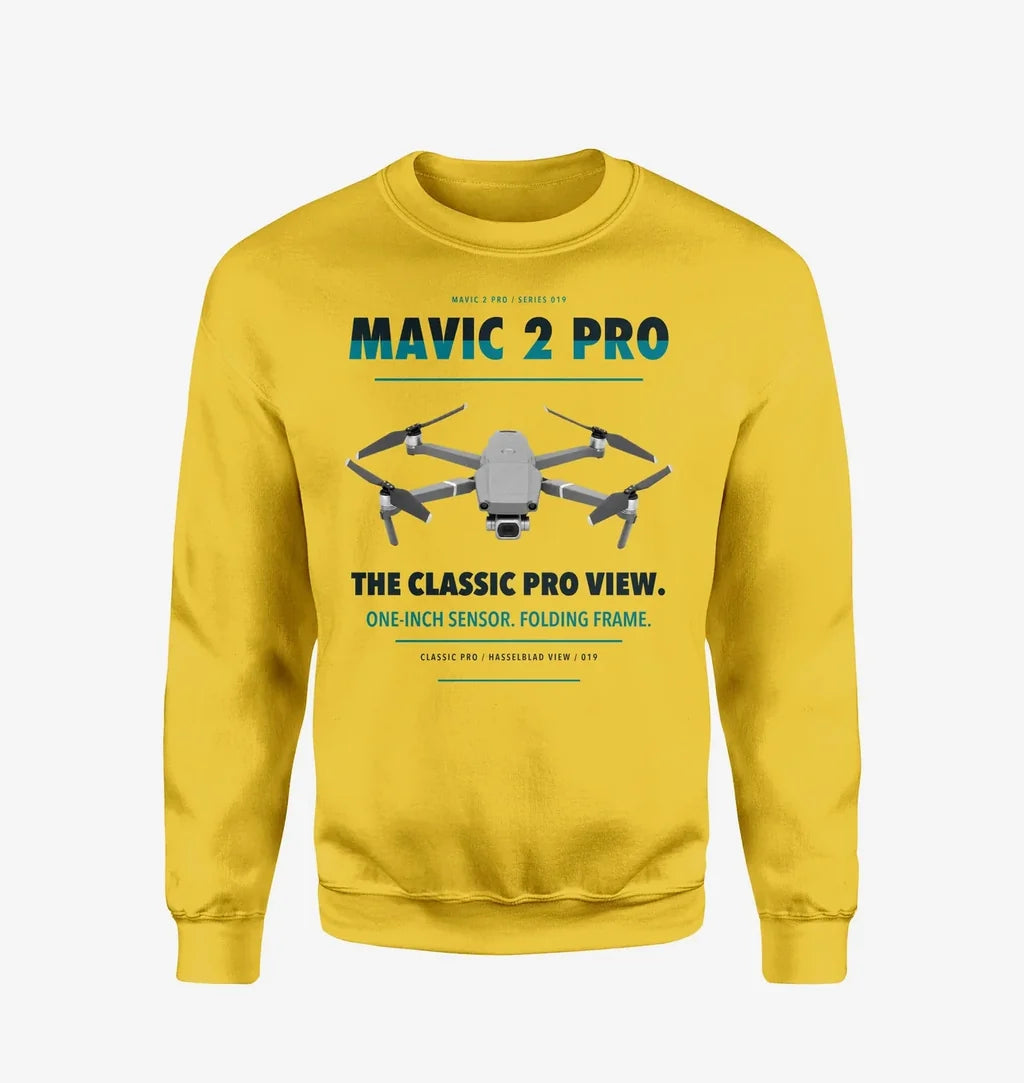 DJI Mavic 2 Pro design on yellow sweatshirt