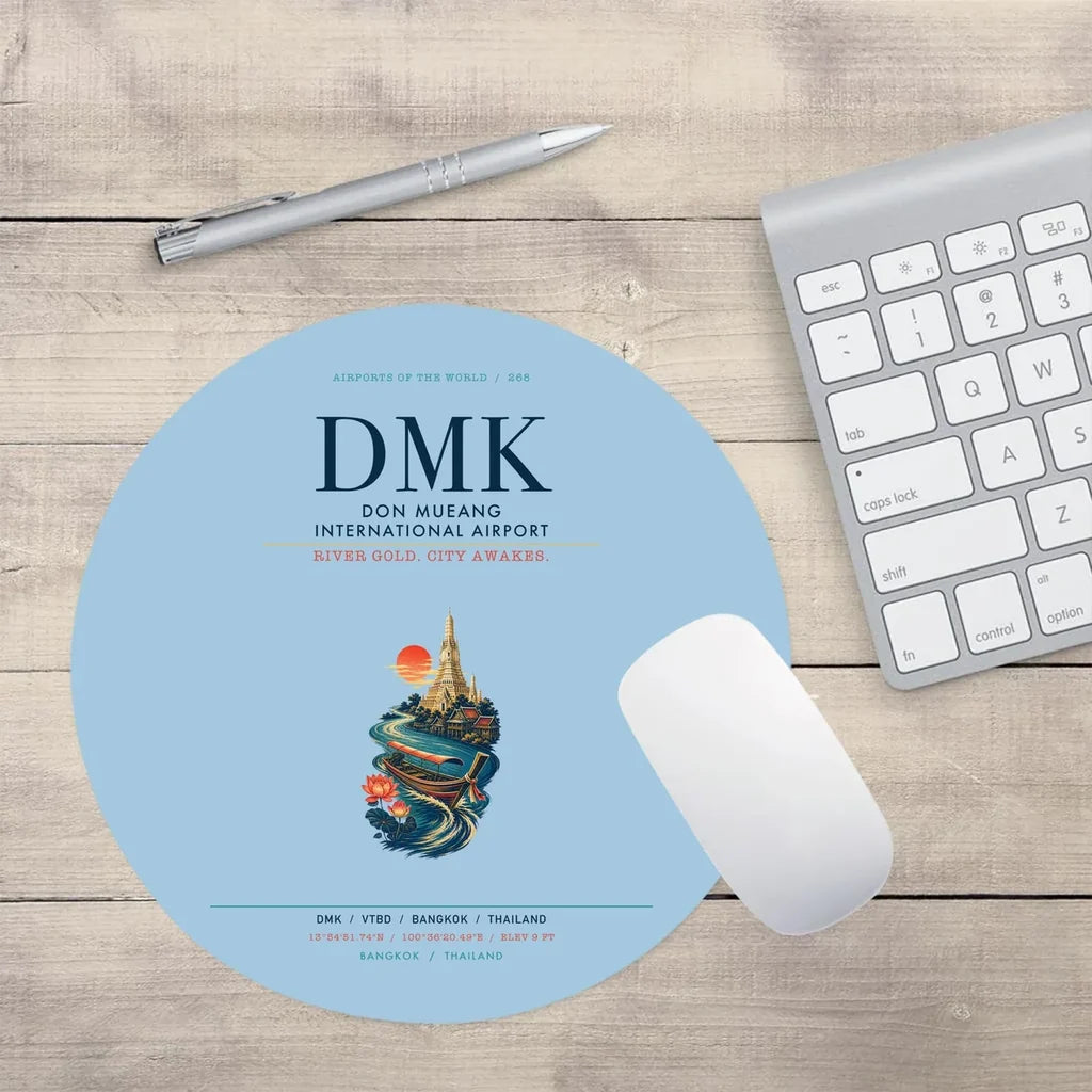 Don Mueang International Airport Bangkok (DMK) design on light blue round mouse pad