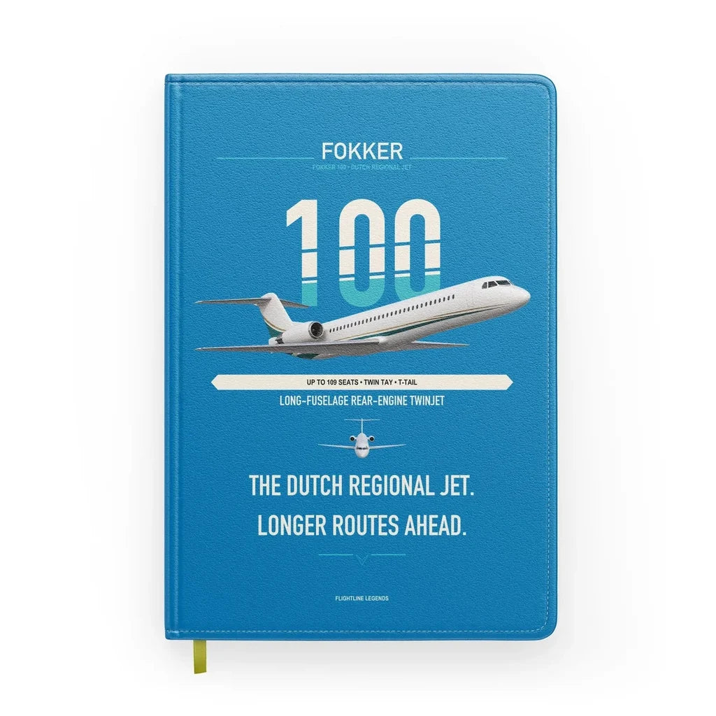 Fokker 100 design on turquoise notebook