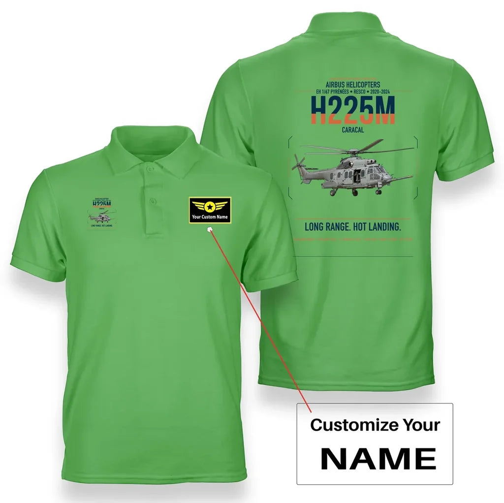 Airbus Helicopters H225M Caracal design on light green+name double-side polo t-shirt, double-side print