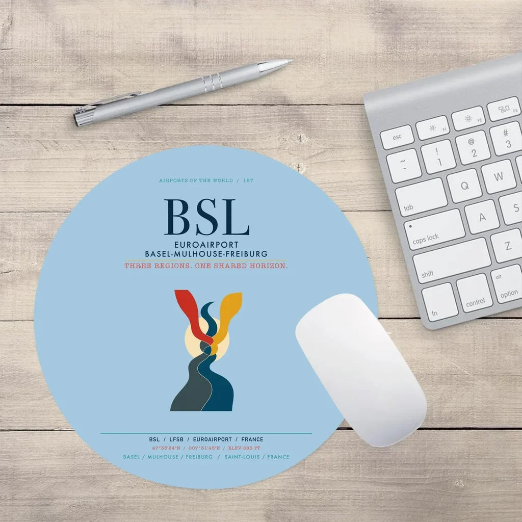 EuroAirport Basel-Mulhouse-Freiburg (BSL) design on light blue round mouse pad