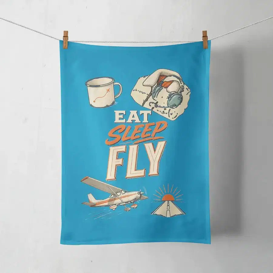 Eat Sleep Fly V2 design on turquoise towel