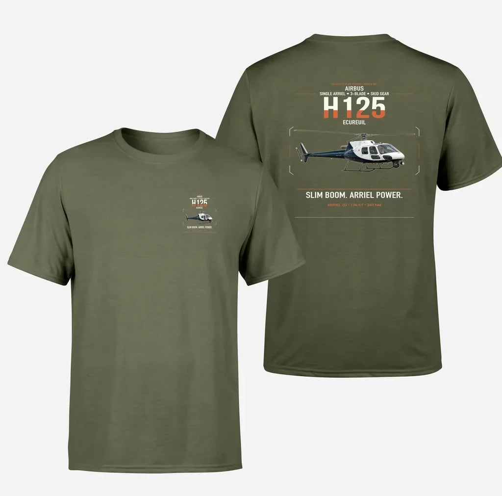 Airbus H125 design on green army t-shirt, double-side print