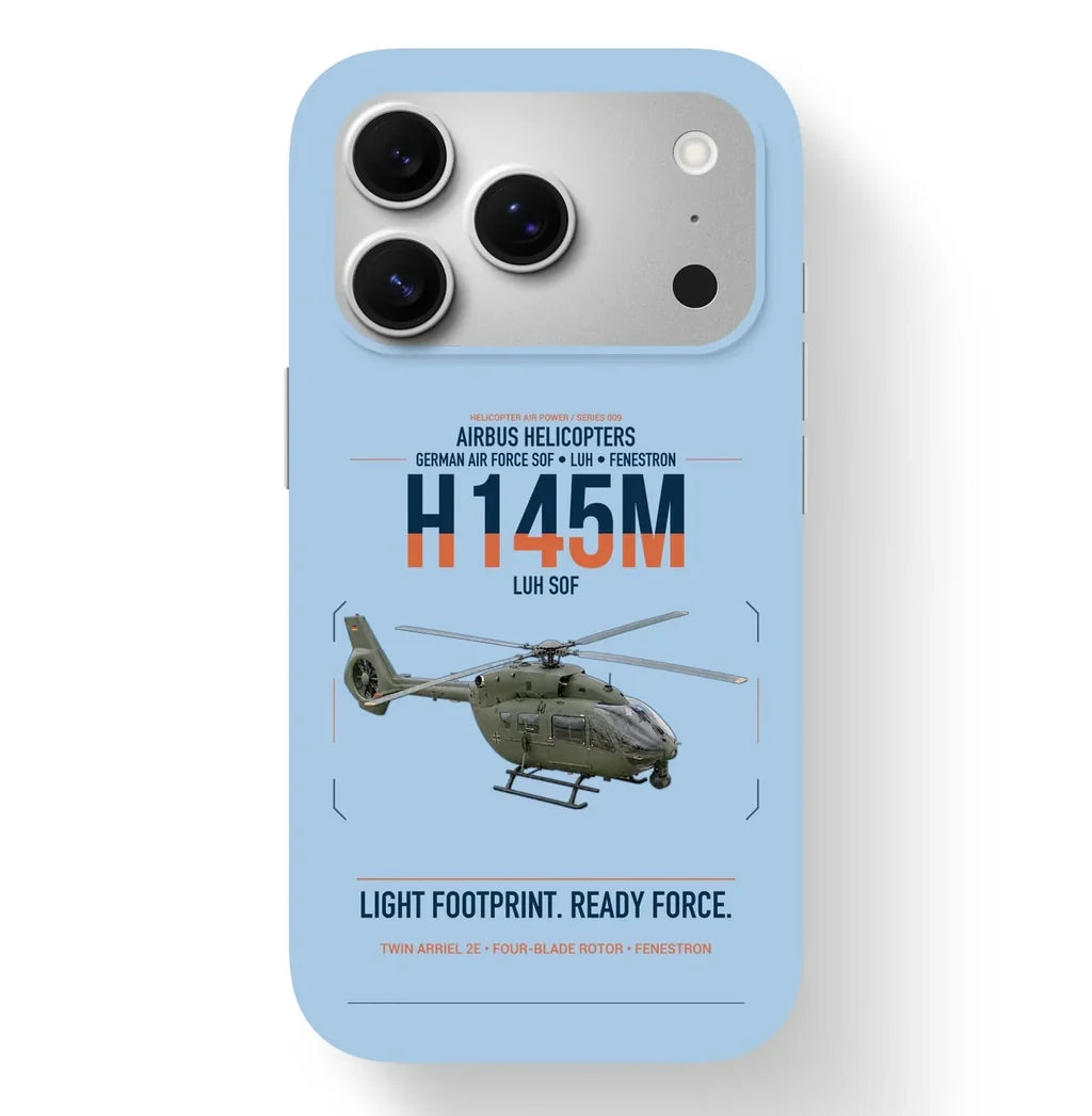 Airbus Helicopters H145M LUH SOF design on light blue magsafe iphone case, for iPhone 17 Pro