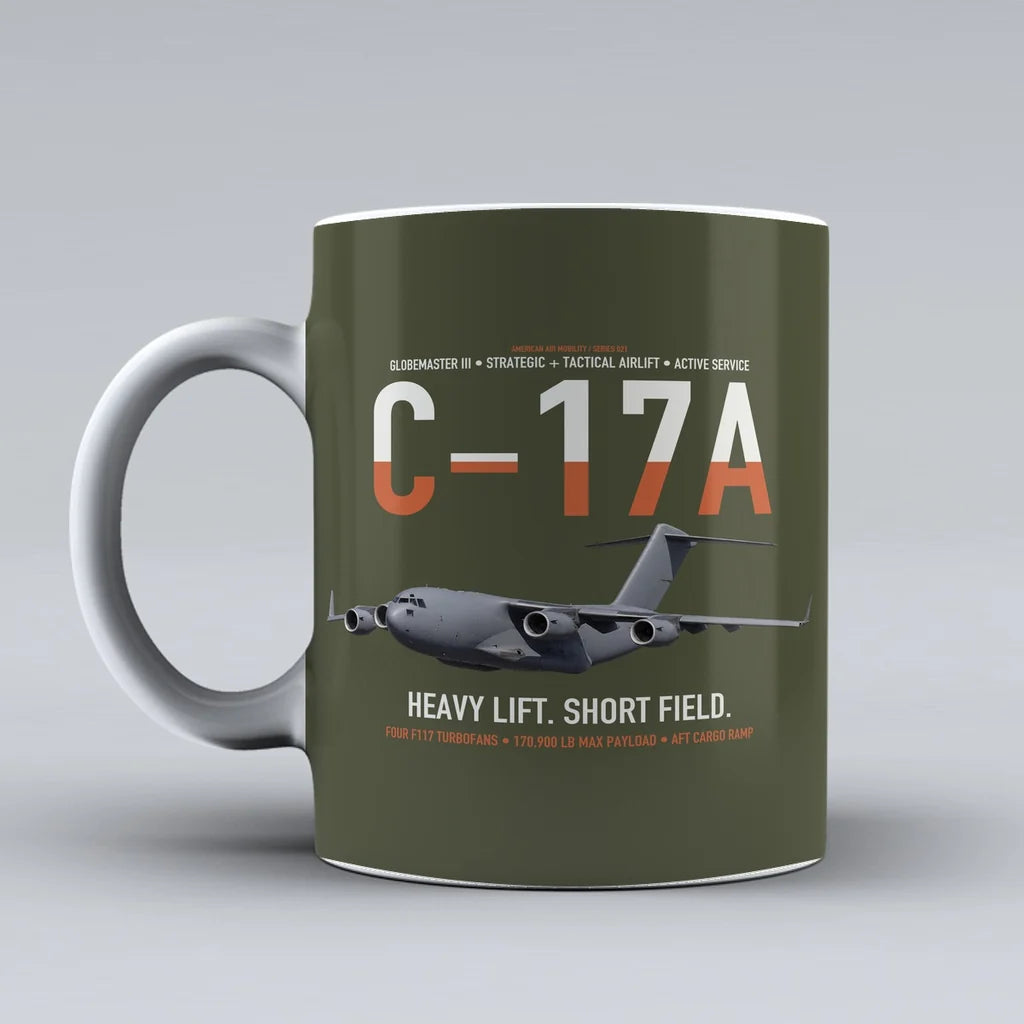 C-17A Globemaster III design on green army ceramic mug, double-side print