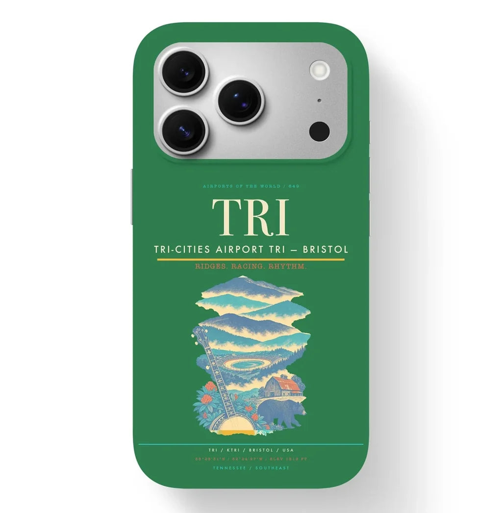 Bristol Airport (TRI) design on green iPhone 17 Pro MagSafe case