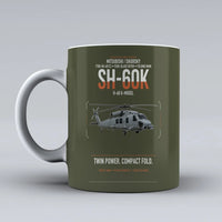 Thumbnail for Mitsubishi Sikorsky SH-60K design on green army ceramic mug, double-side print