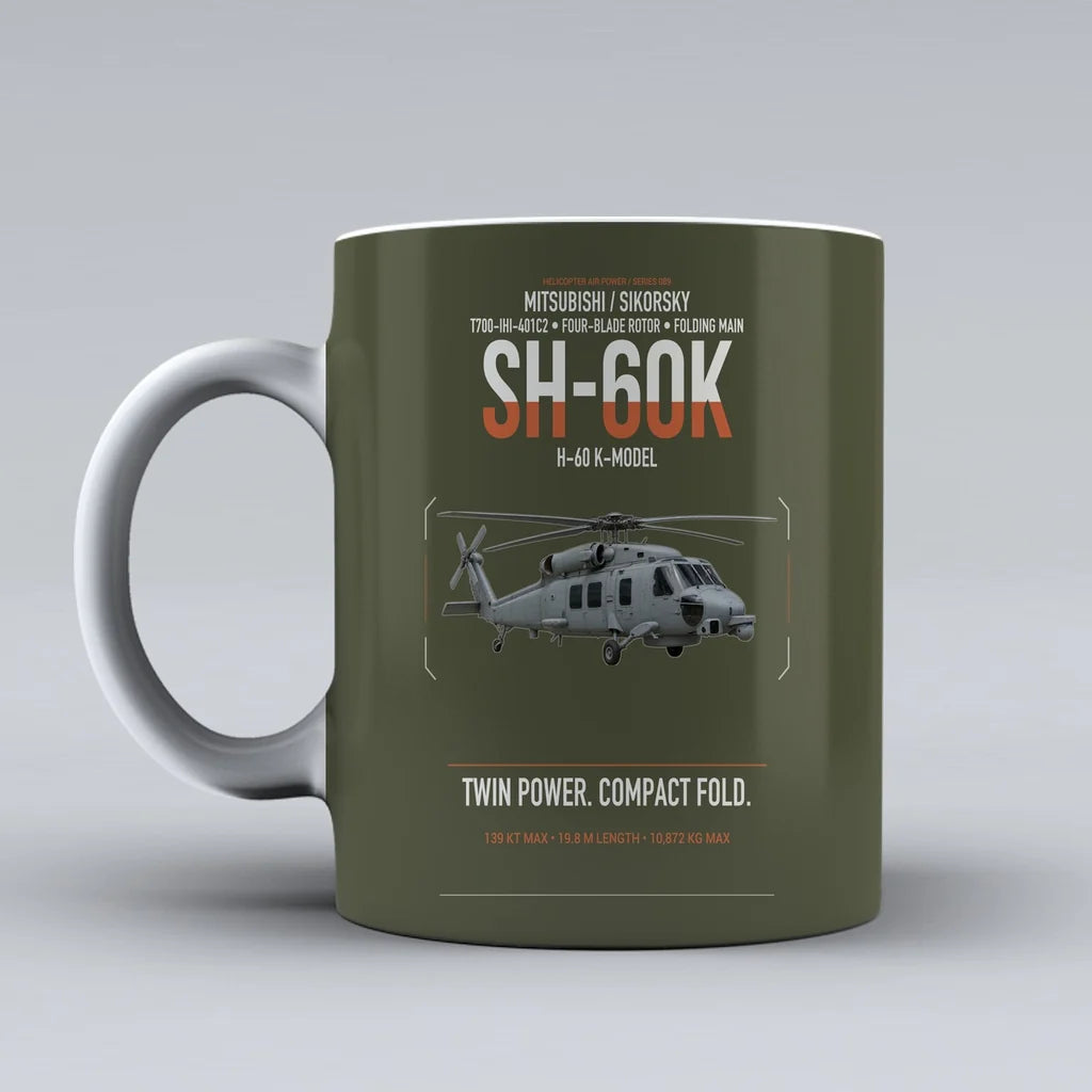 Mitsubishi Sikorsky SH-60K design on green army ceramic mug, double-side print