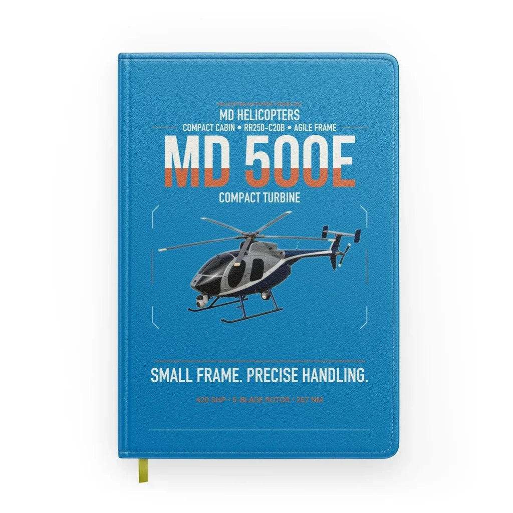 MD Helicopters MD 500E design on turquoise notebook
