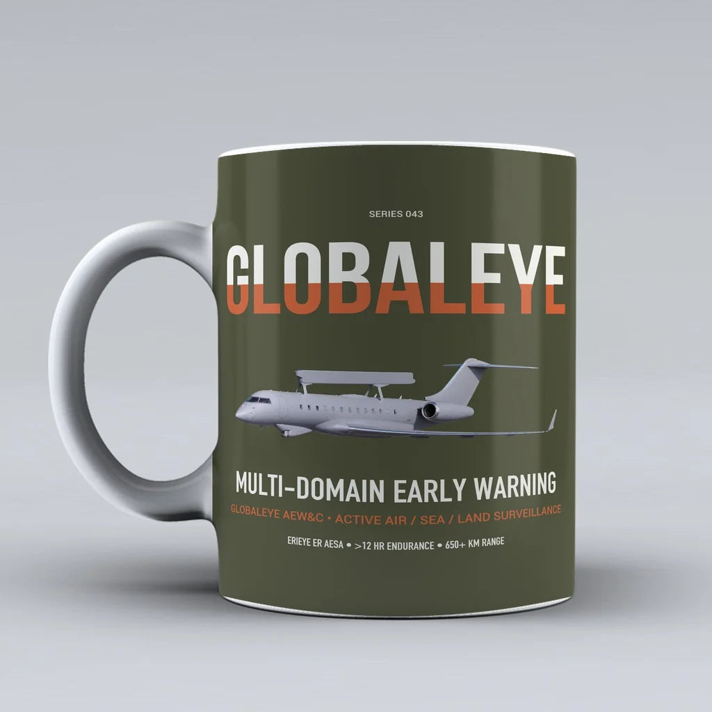Saab GlobalEye design on green army ceramic mug, double-side print
