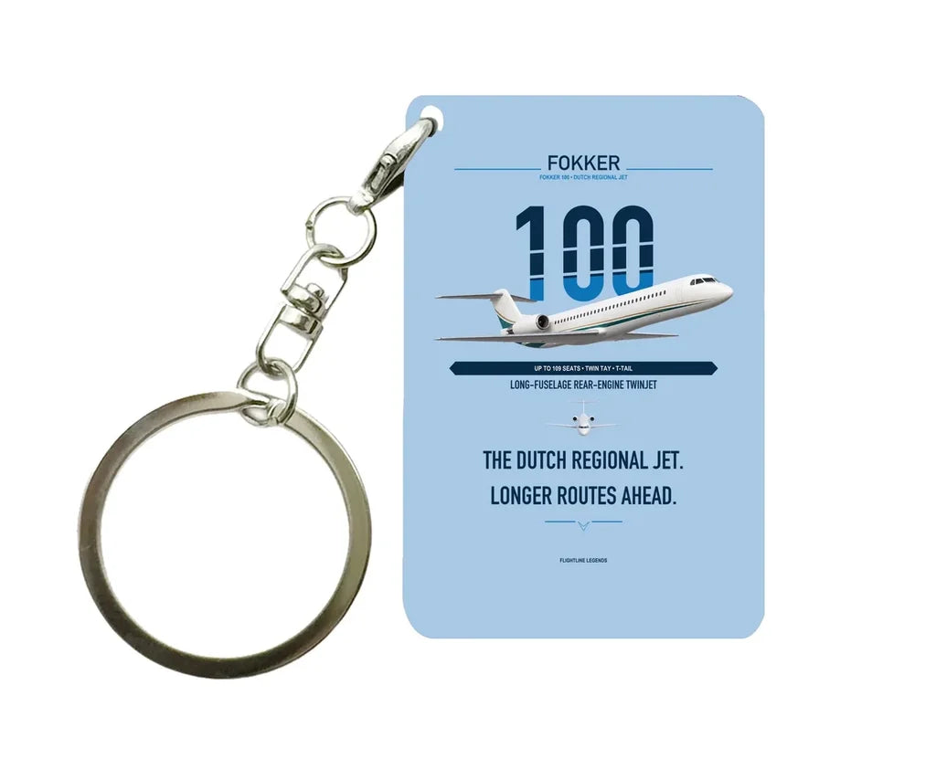 Fokker 100 design on light blue designed key chain, double-side print