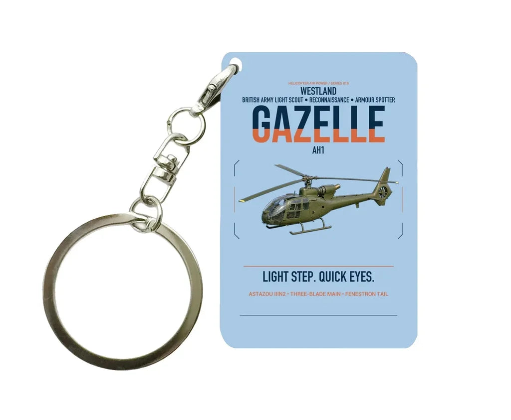Westland Gazelle AH1 design on light blue designed key chain, double-side print