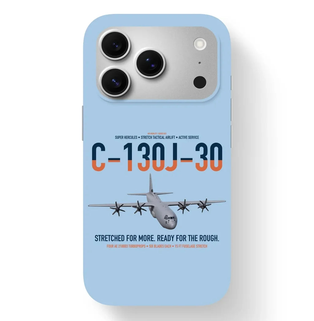 C-130J-30 Super Hercules design on light blue magsafe iphone case, for iPhone 17 Pro