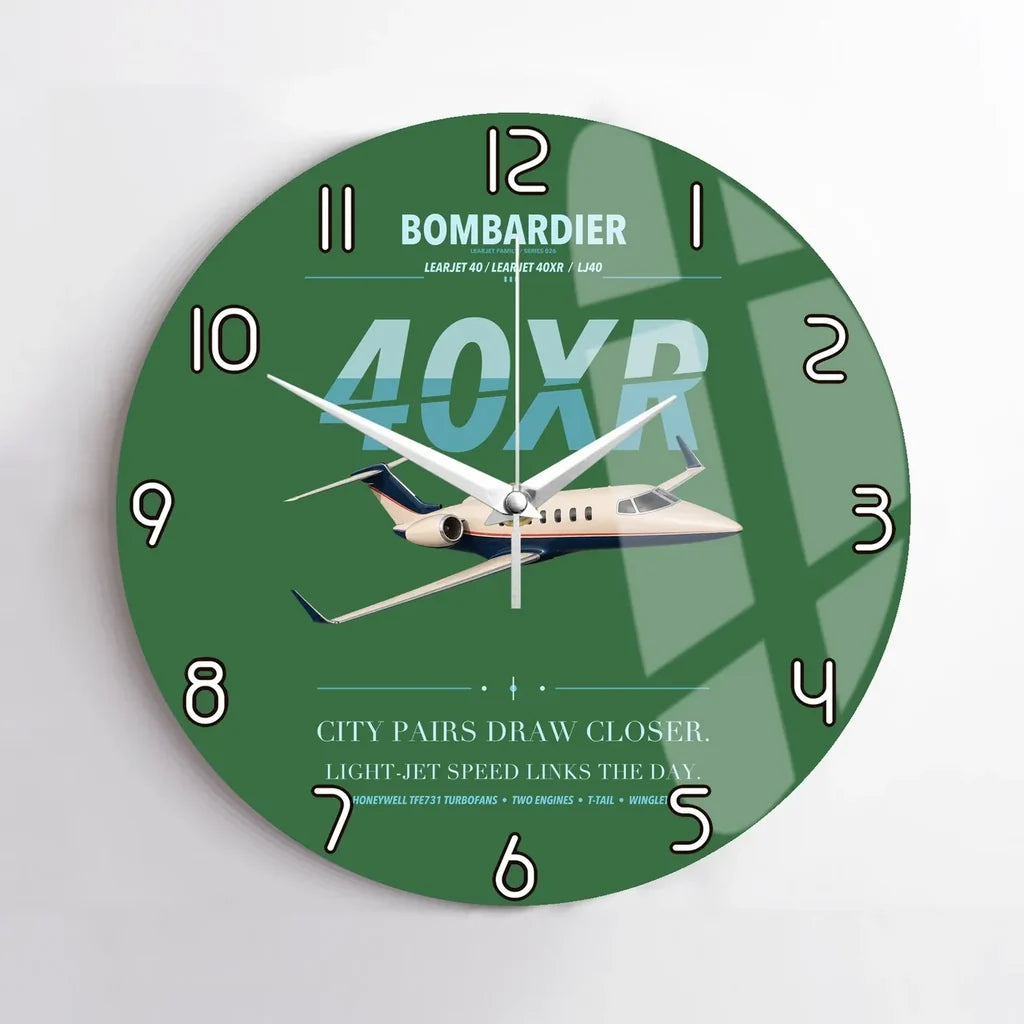 Bombardier Learjet 40XR design on green no frame wall clock