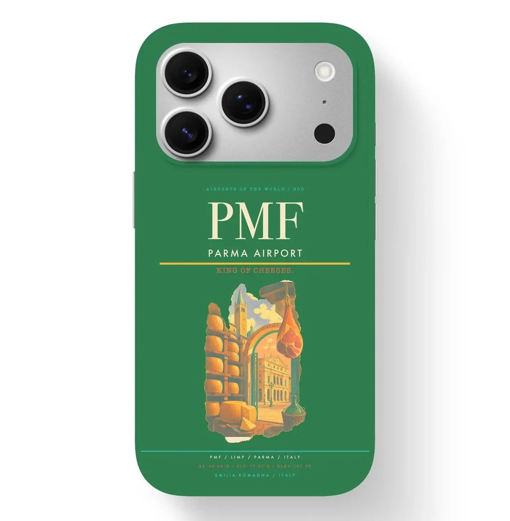 Parma Airport (PMF) design on green iPhone 17 Pro MagSafe case