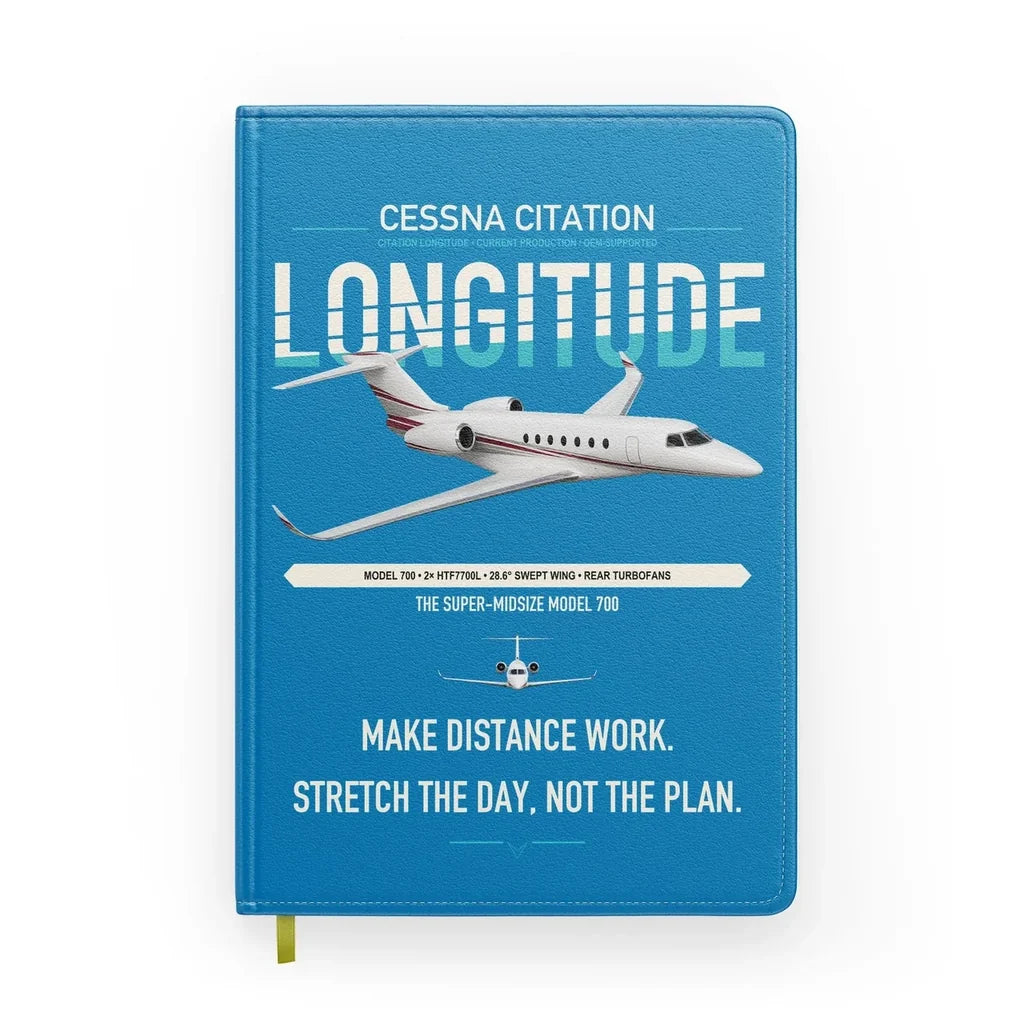Cessna Citation Longitude design on turquoise notebook