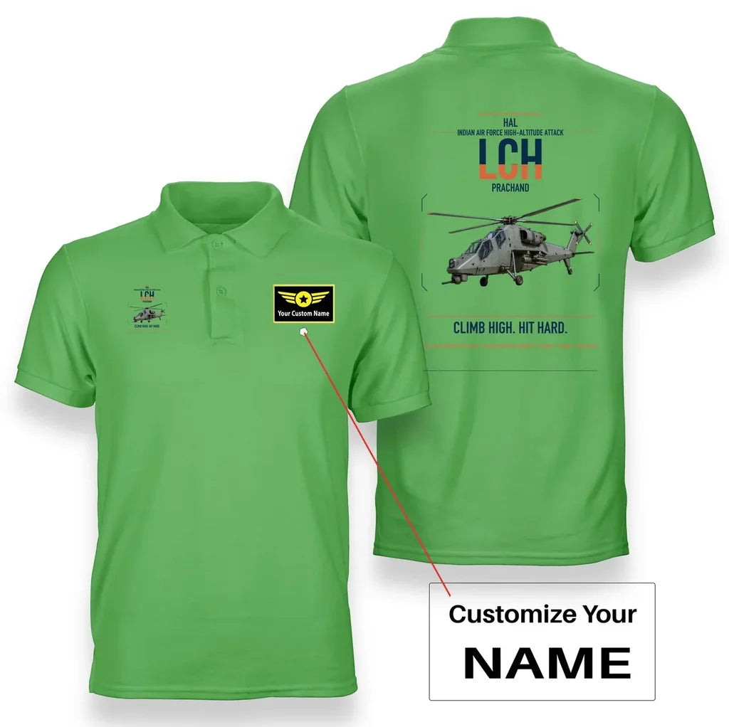 HAL LCH Prachand design on light green+name double-side polo t-shirt, double-side print