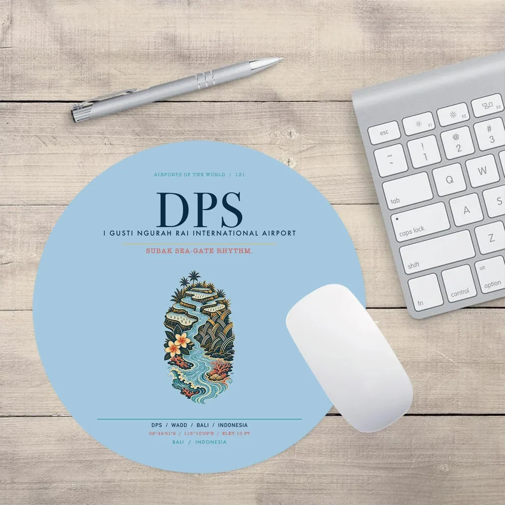 I Gusti Ngurah Rai International Airport Bali (DPS) design on light blue round mouse pad
